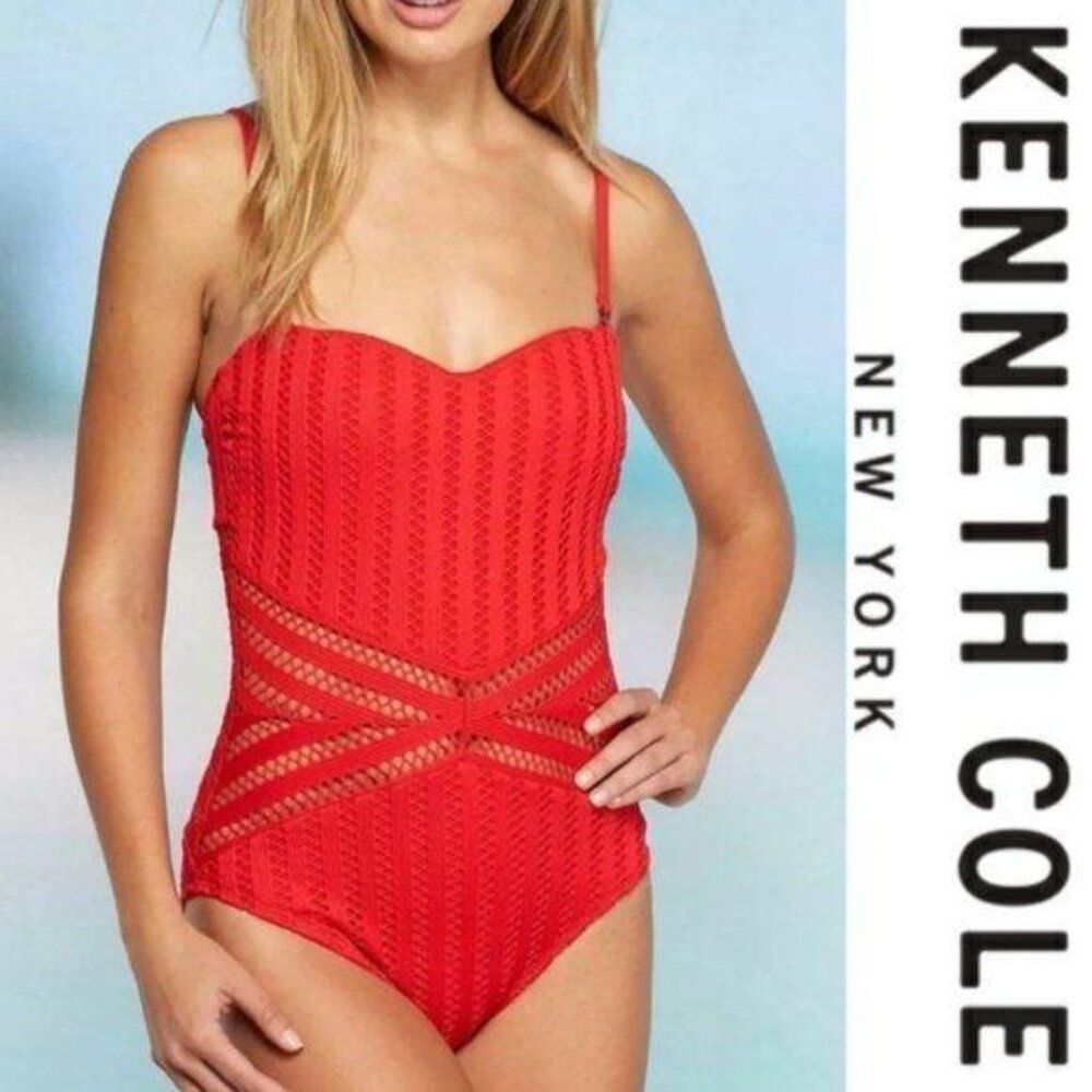 Kenneth Cole NWOT tough lux crochet swim suit small red sexy luxury pool beach